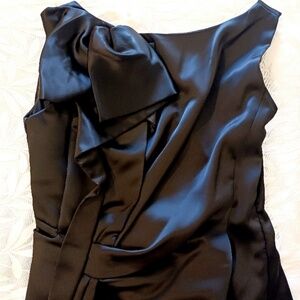 KAREN MILLEN BLACK SATIN BODYCON COCKTAIL DRESS WITH RUFFLE SIZE UK 10